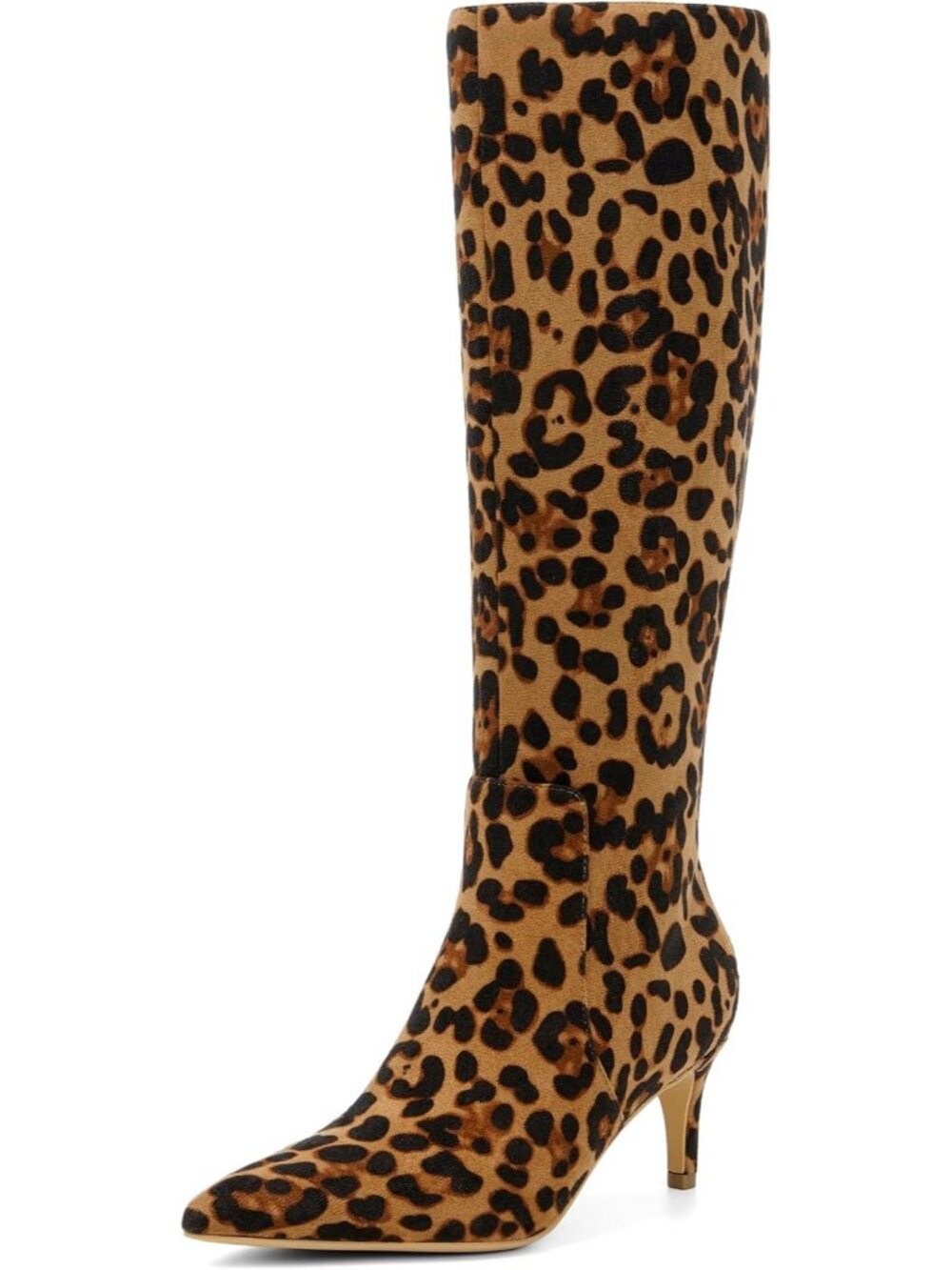 Women's Leopard Faux Suede Stylish Pointed Toe Low Kitten Heel Knee High Boots